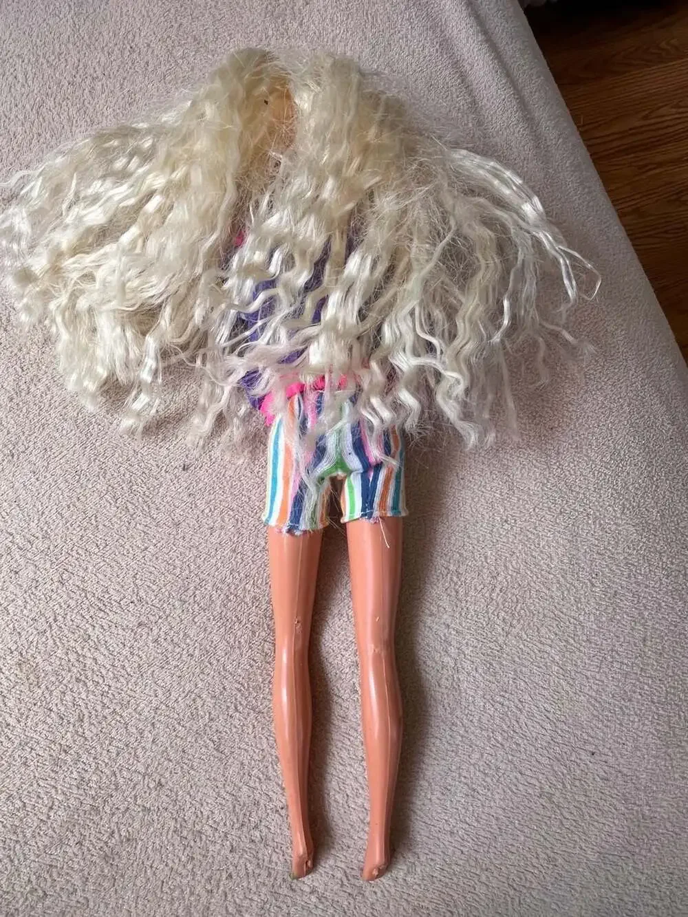 Vintage 1990s Barbie Doll in Neon Print Pullover and Striped Shorts